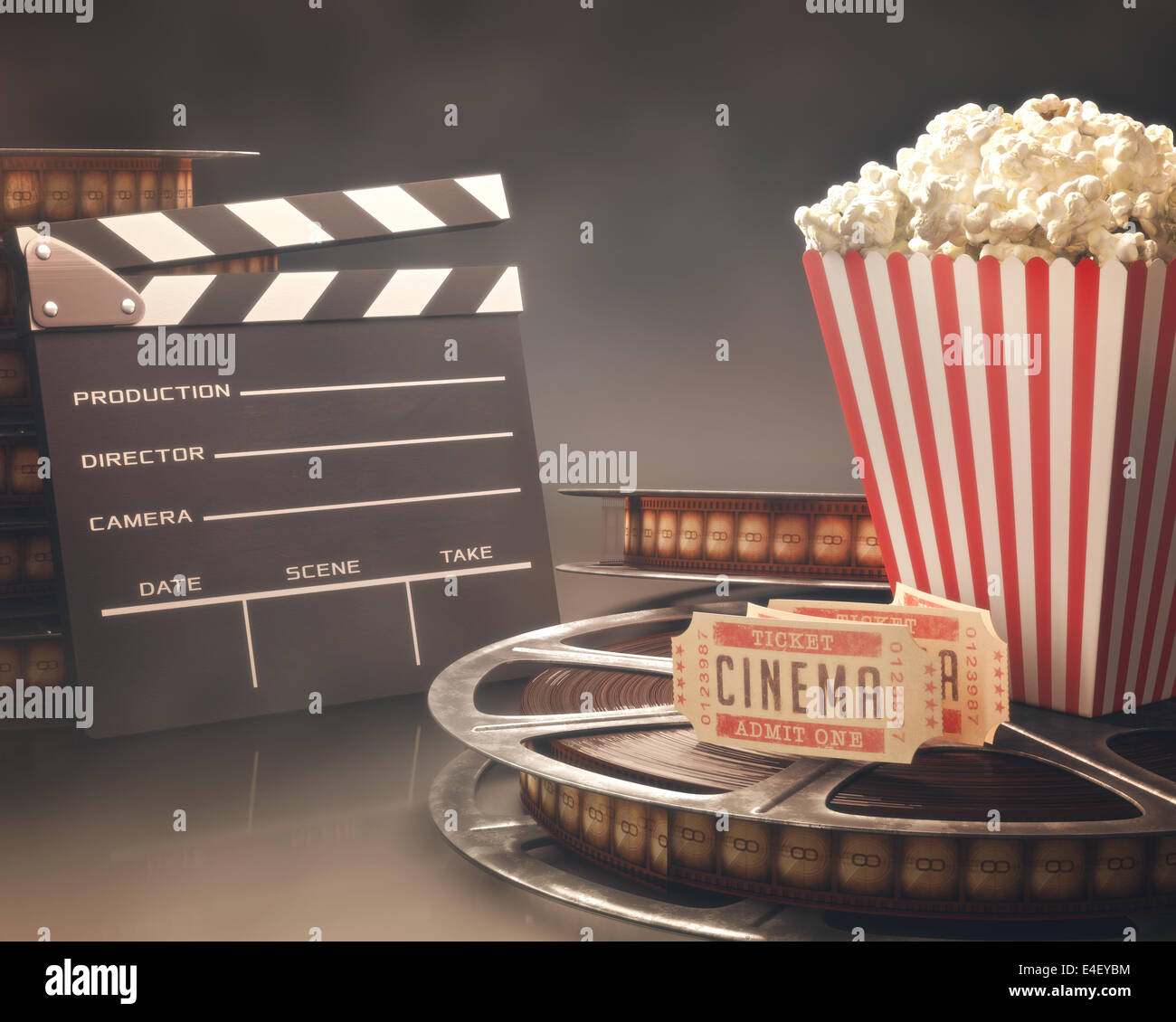 Objects related to the cinema on reflective surface. Stock Photo