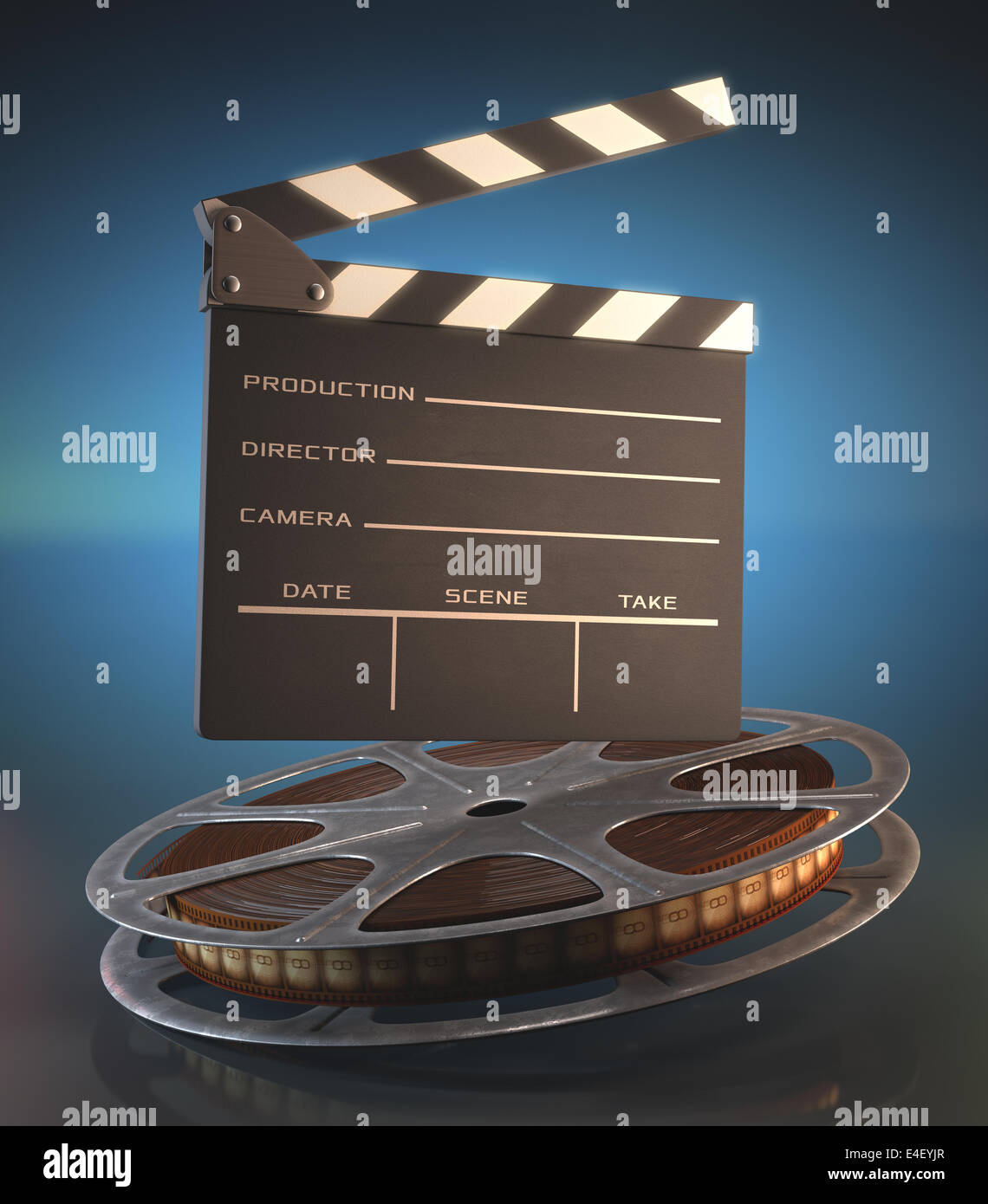 Clapperboard and roll of film in the retro concept cinema. Stock Photo