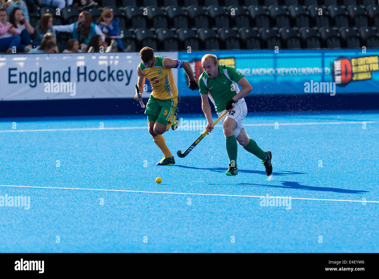 London, UK. 09th July, 2014. Investec London Cup Hockey. Ireland take on South Africa in a Men's pool game at the Lee Valley Hockey &amp; Tennis Centre. Ireland's Eugene MAGEE makes a break. Credit:  Action Plus Sports/Alamy Live News Stock Photo