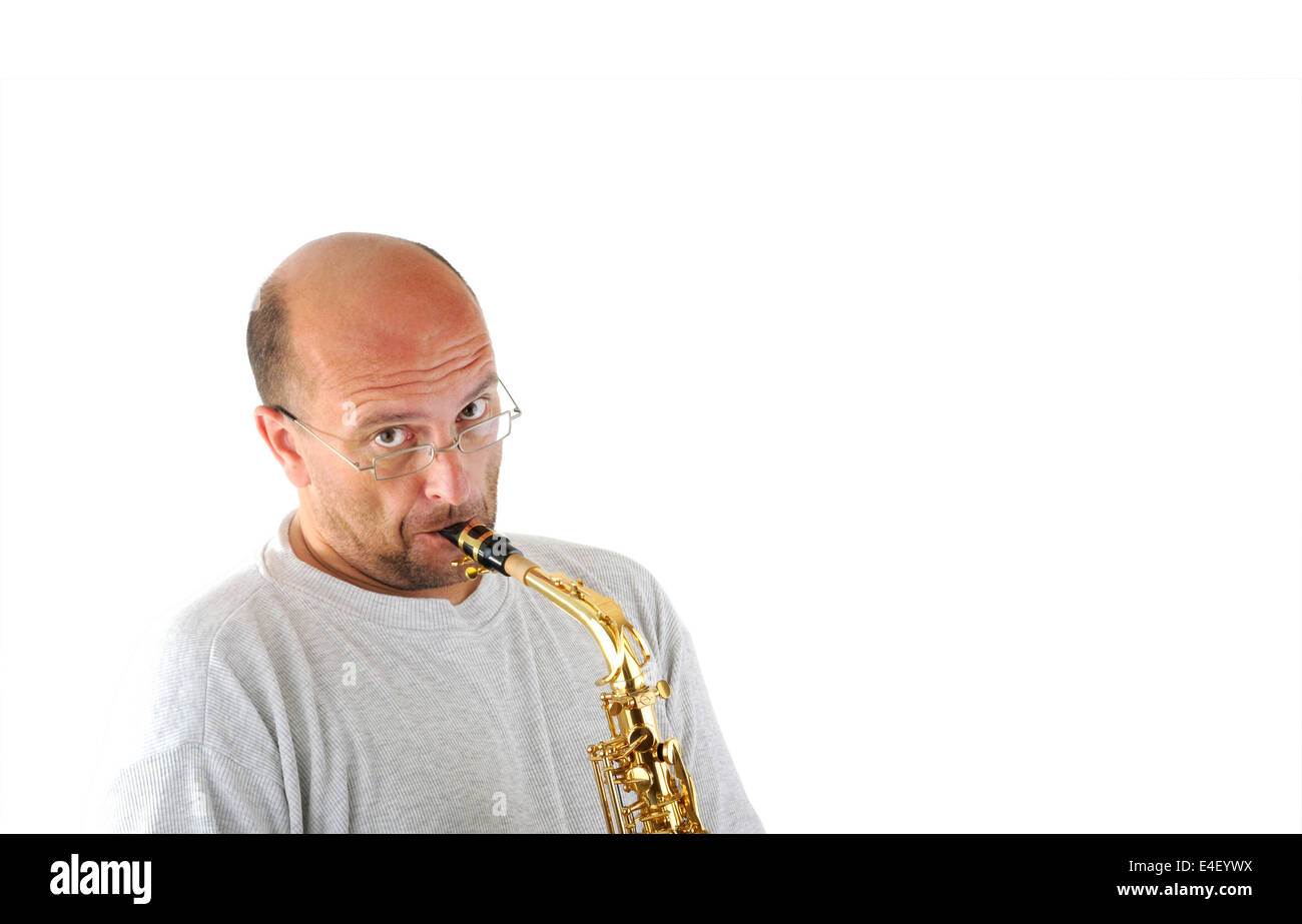 Man playing saxophone isolated on white Stock Photo