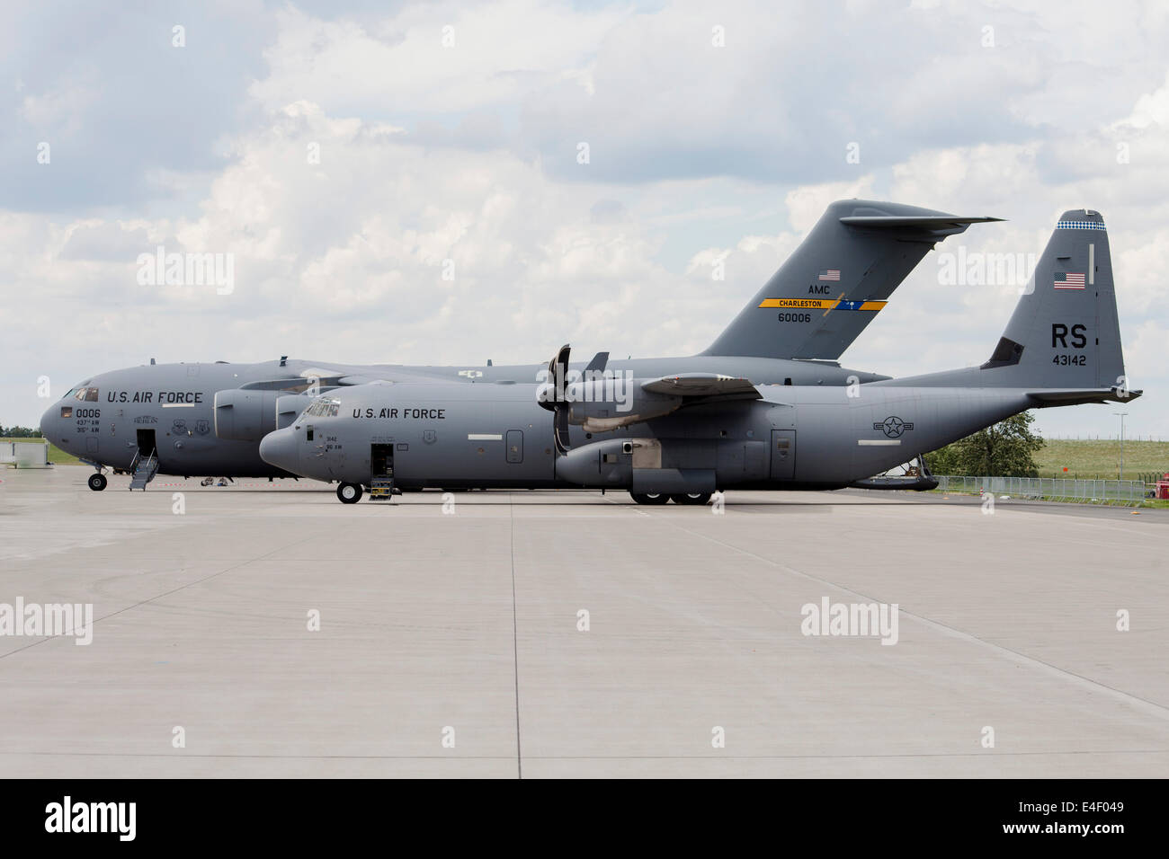 C-130J Super Hercules of the Ramstein-based 86th Airlift wing, USAFE, with a C-17 Globemaster, Berlin, Germany. Stock Photo