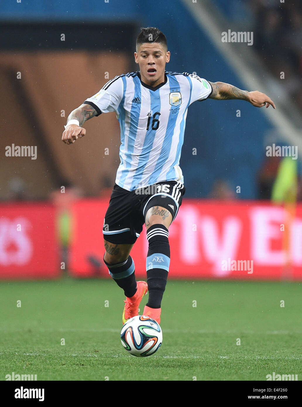 Sao Paulo, Brazil. 09th July, 2014. Marcos Rojo of Argentina in action during the FIFA World Cup 2014 semi-final soccer match between the Netherlands and Argentina at the Arena Corinthians in Sao Paulo, Brazil, 09 July 2014. Photo: Marius Becker/dpa/Alamy Live News Stock Photo