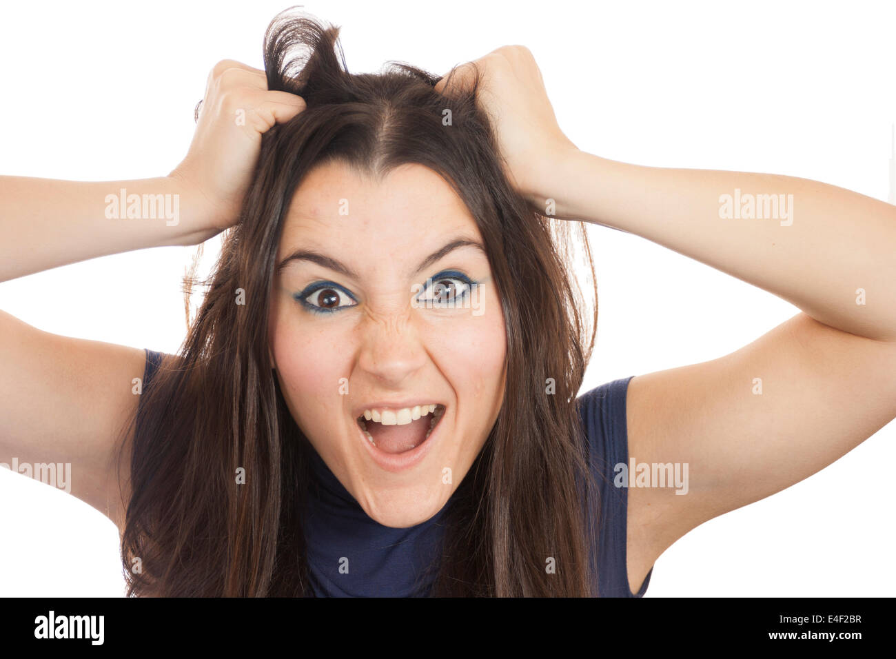 Close-up of a stressed girl having a bad day isolated on white background Stock Photo