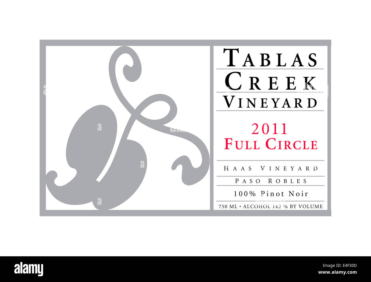 Wine bottle label for Tablas Creek Vineyard 2011 Full Circle Haas Vineyard Paso Robles Pinot Noir California USA Stock Photo