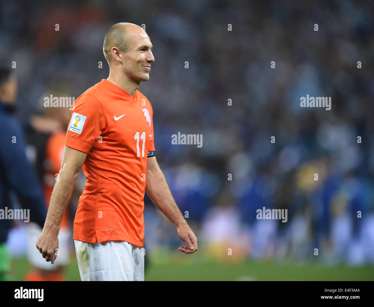 Sao Paulo, Brazil. 09th July, 2014. Arjen Robben reacts after the FIFA World Cup 2014 semi-final soccer match between the Netherlands and Argentina at the Arena Corinthians in Sao Paulo, Brazil, 09 July 2014. Photo: Marius Becker/dpa/Alamy Live News Stock Photo