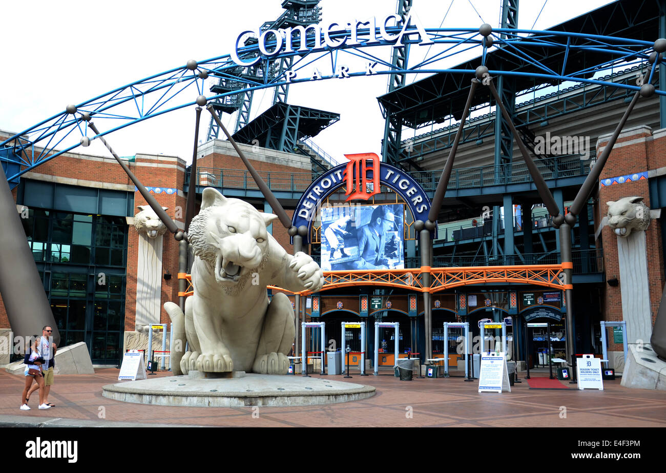 DETROIT, MI - JULY 6: Fans walk past entry of Comerica Park, home of the Detroit Tigers, on July 6, 2014. The Tigers lost to the Stock Photo