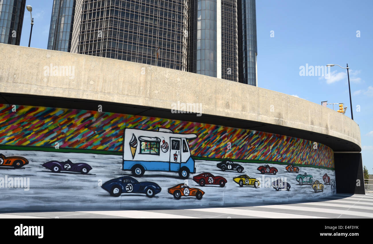 DETROIT, MI - JULY 6: Da Race, Detroit! 2014, a public mural by New York City muralist Mitchell Schorr located near Hart Plaza i Stock Photo