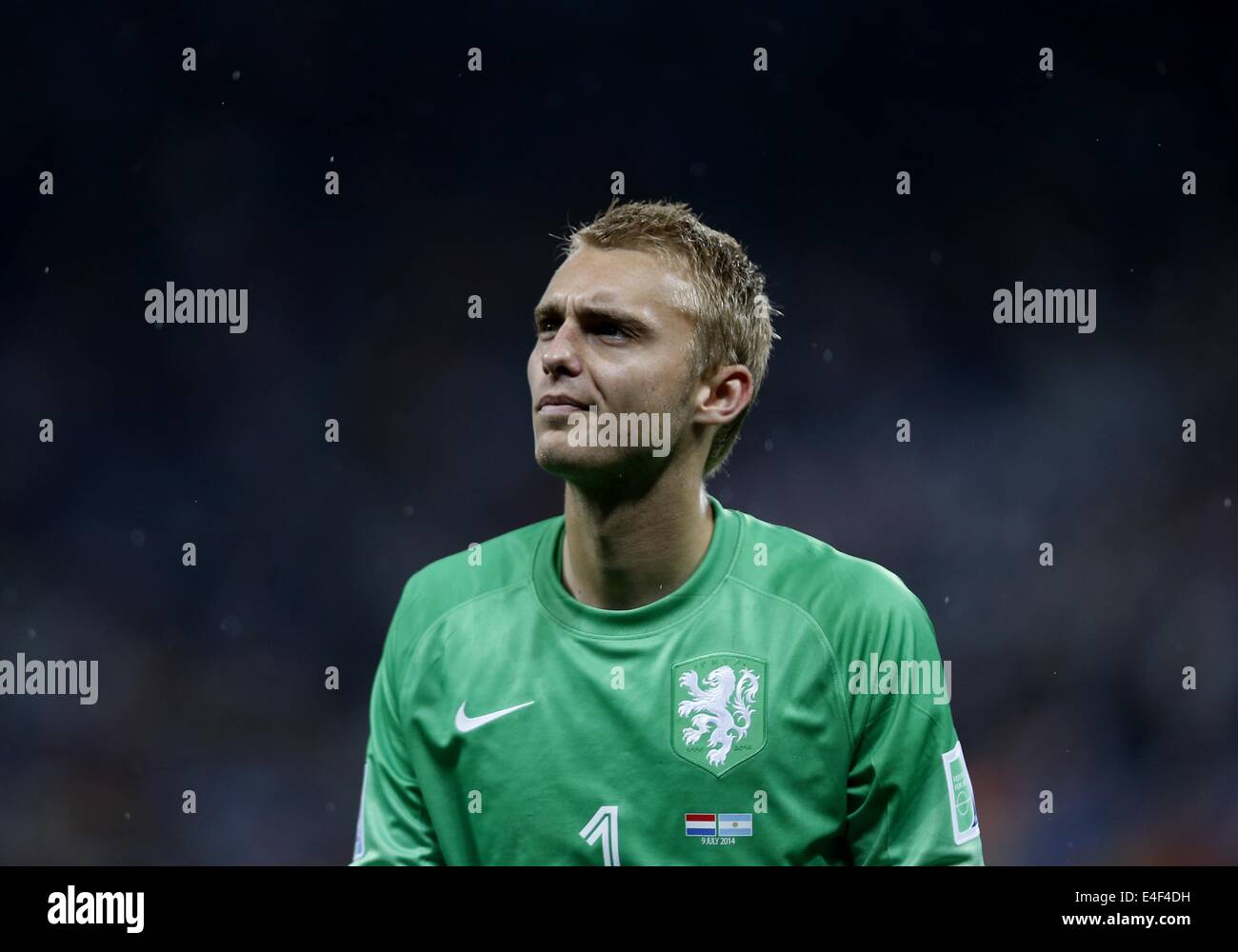 Sao Paulo, Brazil. 9th July, 2014. Netherlands' goalkeeper Jasper Cillessen reacts after the penalty shoot-out of a semifinal match between Netherlands and Argentina of 2014 FIFA World Cup at the Arena de Sao Paulo Stadium in Sao Paulo, Brazil, on July 9, 2014. Argentina won 4-2 on penalties over Netherlands after a 0-0 tie and qualified for the final on Wednesday. Credit:  Liao Yujie/Xinhua/Alamy Live News Stock Photo