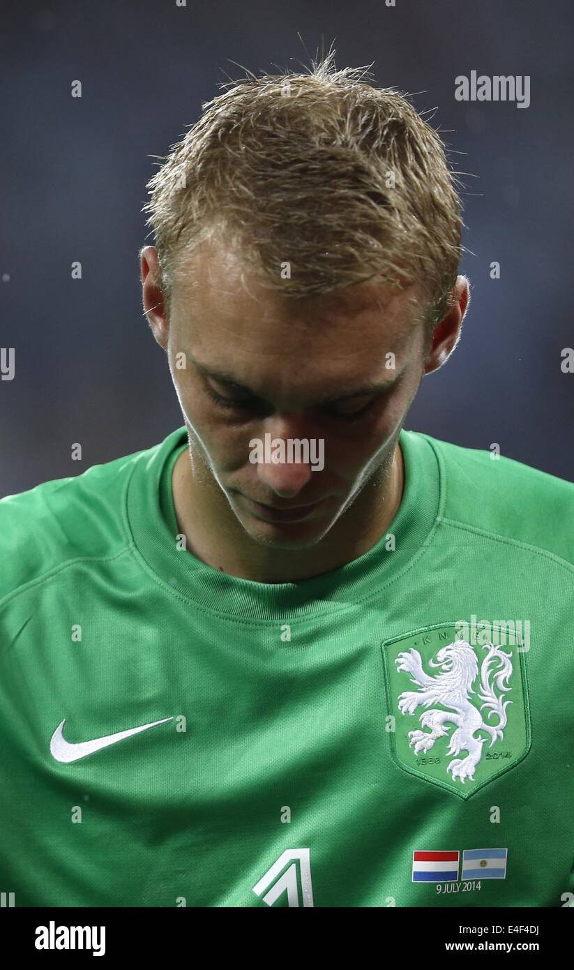 Sao Paulo, Brazil. 9th July, 2014. Netherlands' goalkeeper Jasper Cillessen reacts after the penalty shoot-out of a semifinal match between Netherlands and Argentina of 2014 FIFA World Cup at the Arena de Sao Paulo Stadium in Sao Paulo, Brazil, on July 9, 2014. Argentina won 4-2 on penalties over Netherlands after a 0-0 tie and qualified for the final on Wednesday. Credit:  Liao Yujie/Xinhua/Alamy Live News Stock Photo