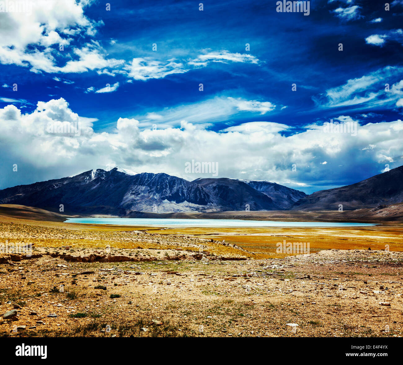 Vintage retro effect filtered hipster style travel image of Himalayan lake Kyagar Tso, Ladakh, India Stock Photo