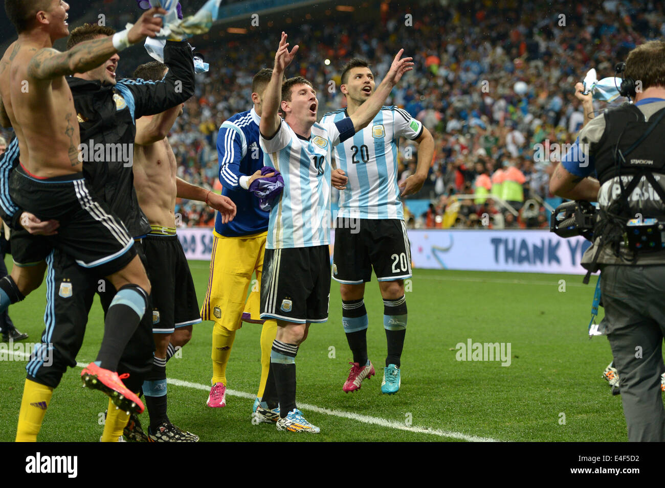 Sao Paulo Brazil. 9th July, 2014. Lionel Messi, Sergio Aguero (ARG), JULY 9, 2014 - Football/Soccer : Lionel Messi (10) and Sergio Aguero (20) of Argentina celebrate after winning the FIFA World Cup 2014 semi-finals match between Netherlands and Argentina at Arena de Sao Paulo in Sao Paulo Brazil. Credit:  FAR EAST PRESS/AFLO/Alamy Live News Stock Photo