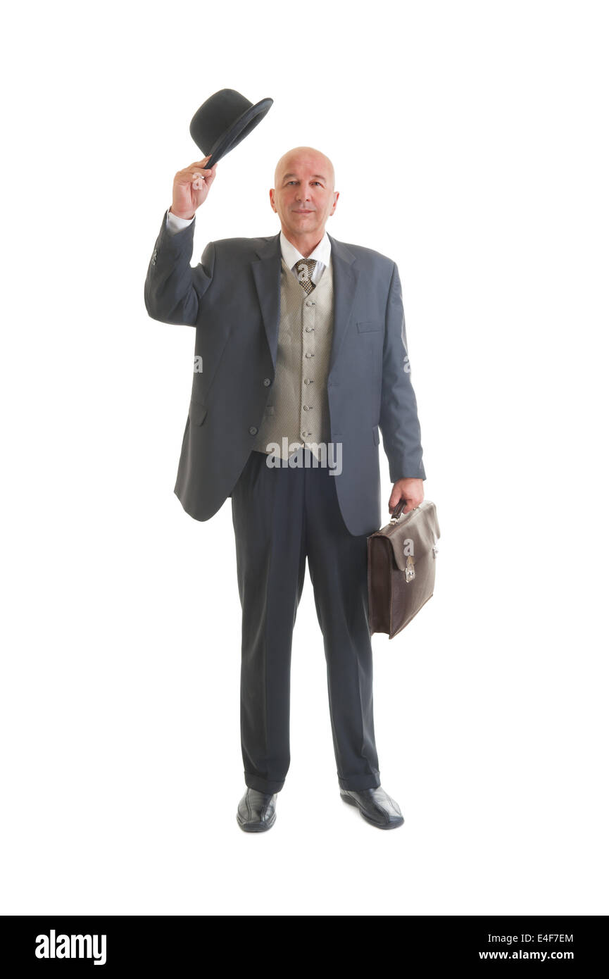 Middle aged  businessman in a retro business suit with briefcase isolated on white. Stock Photo