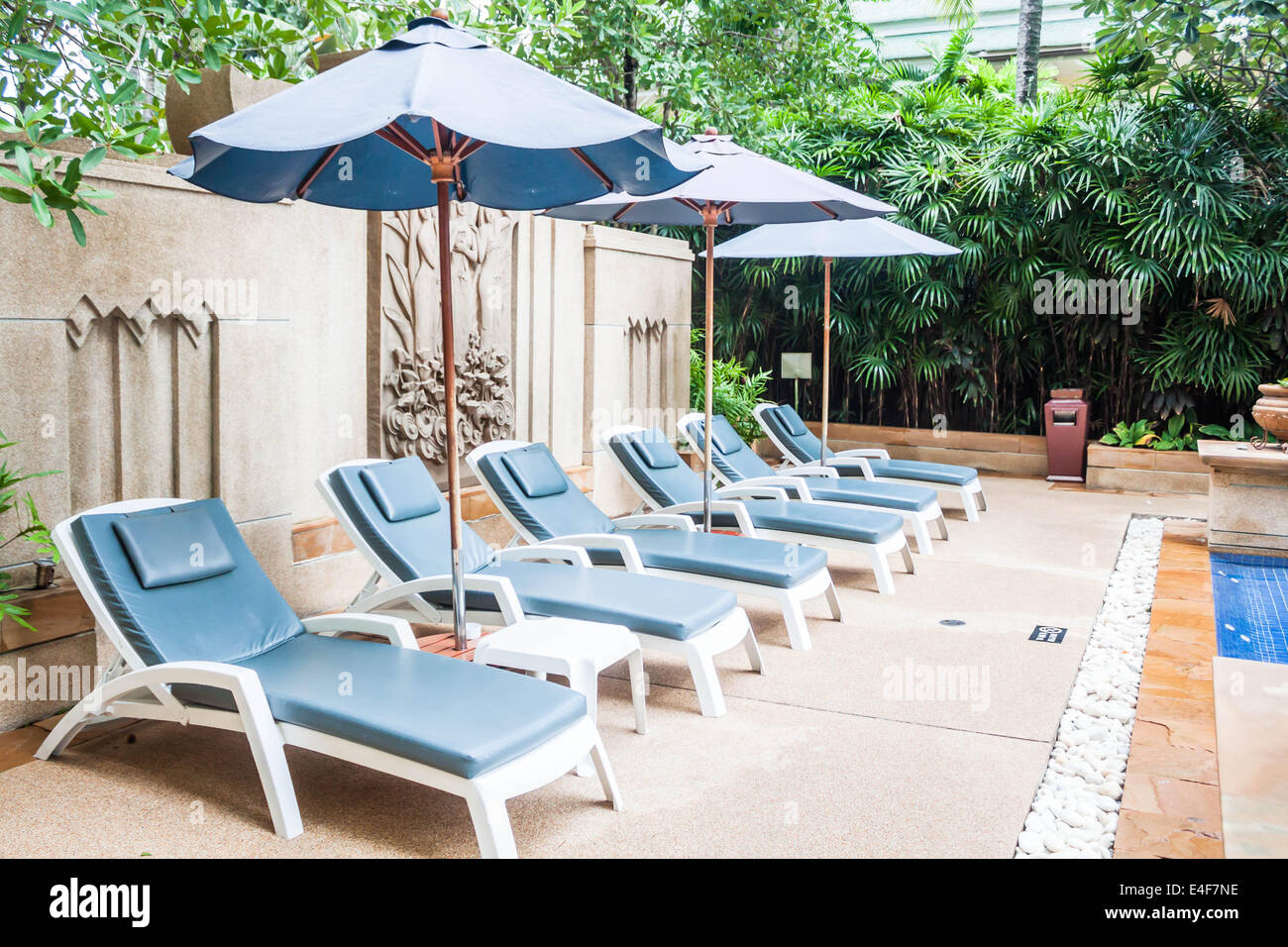 Beach chairs and umbrellas beside swimming pool Stock Photo Alamy
