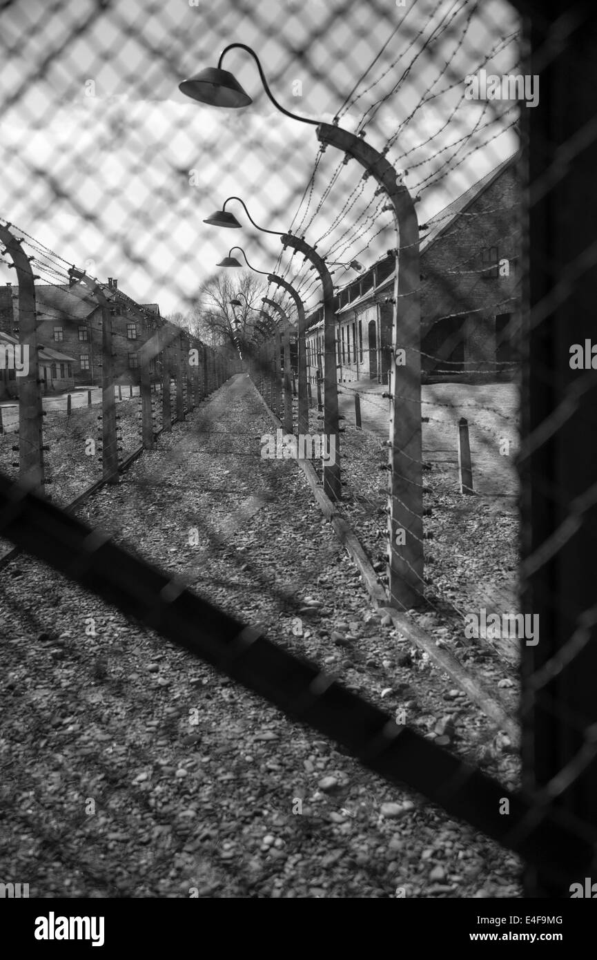 The double security fence around the Auschwitz 1 camp, this was also an electrified fence.. Stock Photo