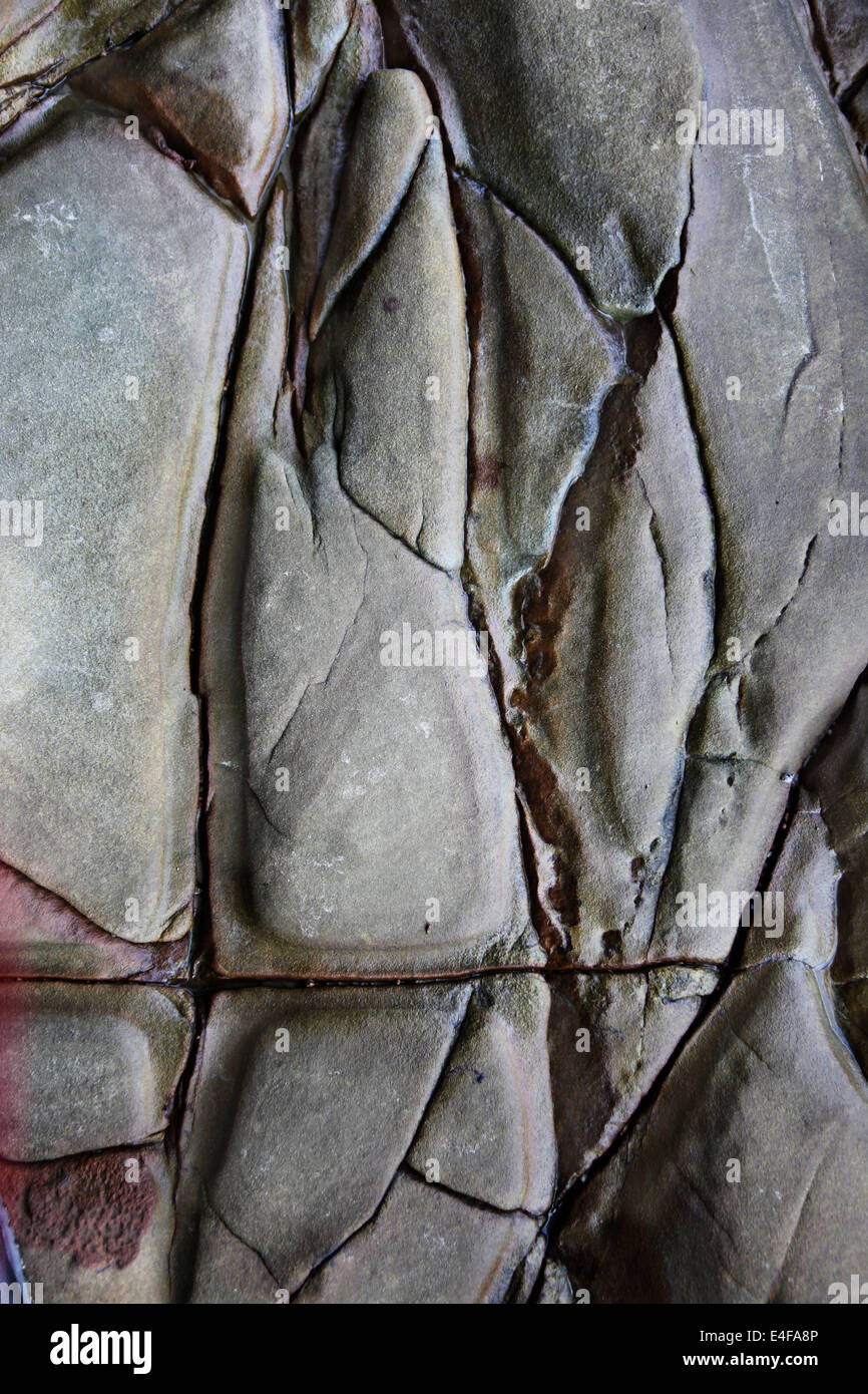 It's a photo of a detail of a rock on the beach near the sea. It has many lines and curves and cracks. Stock Photo