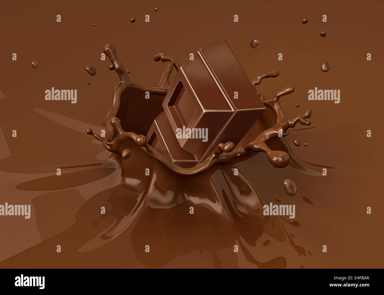 Chocolate blocks falling into liquid chocolate splashing.  Close up view. Stock Photo