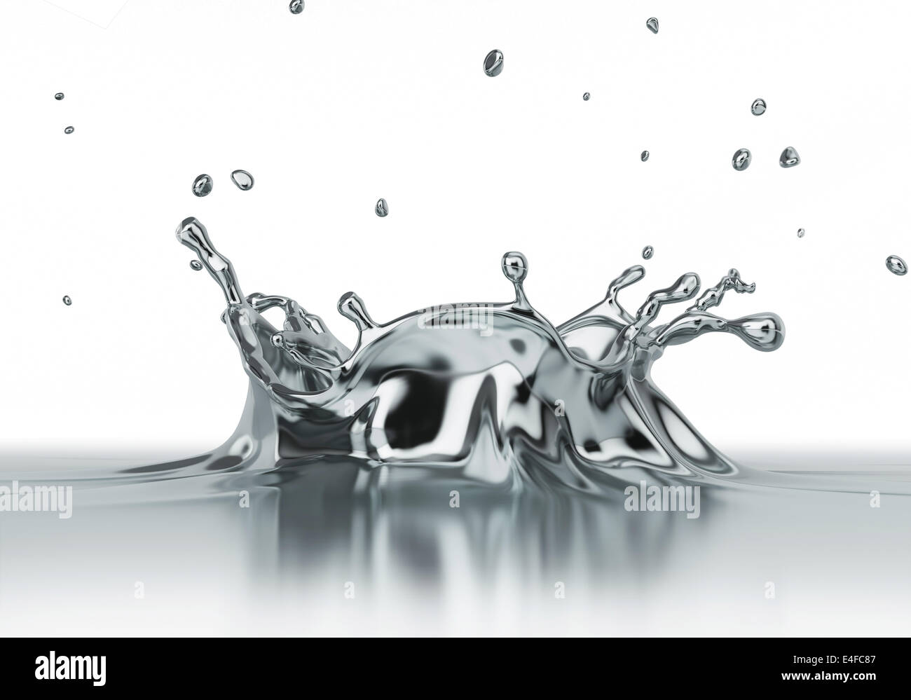 Liquid silver chrome splash close up. Side view on white background. Clipping path included. Stock Photo