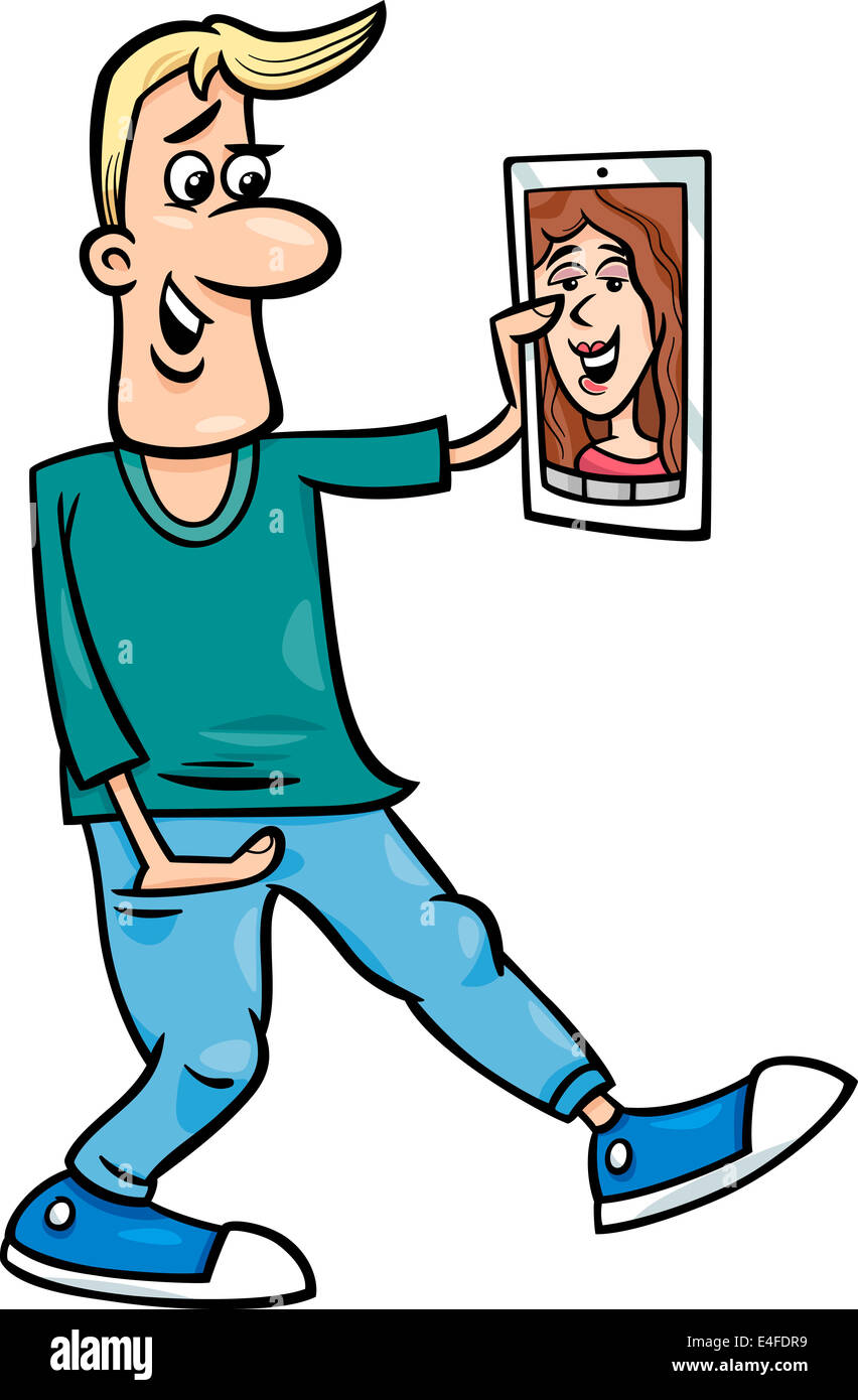 Cartoon illustration of Funny Man Video Chatting on Tablet or Phone Stock  Photo - Alamy