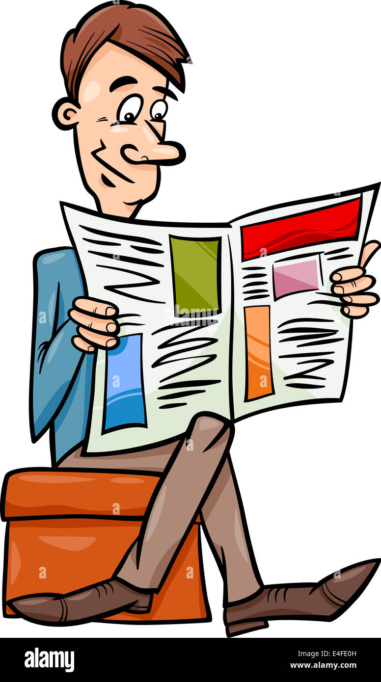 Cartoon illustration of Funny Man Reading a Newspaper Stock Photo
