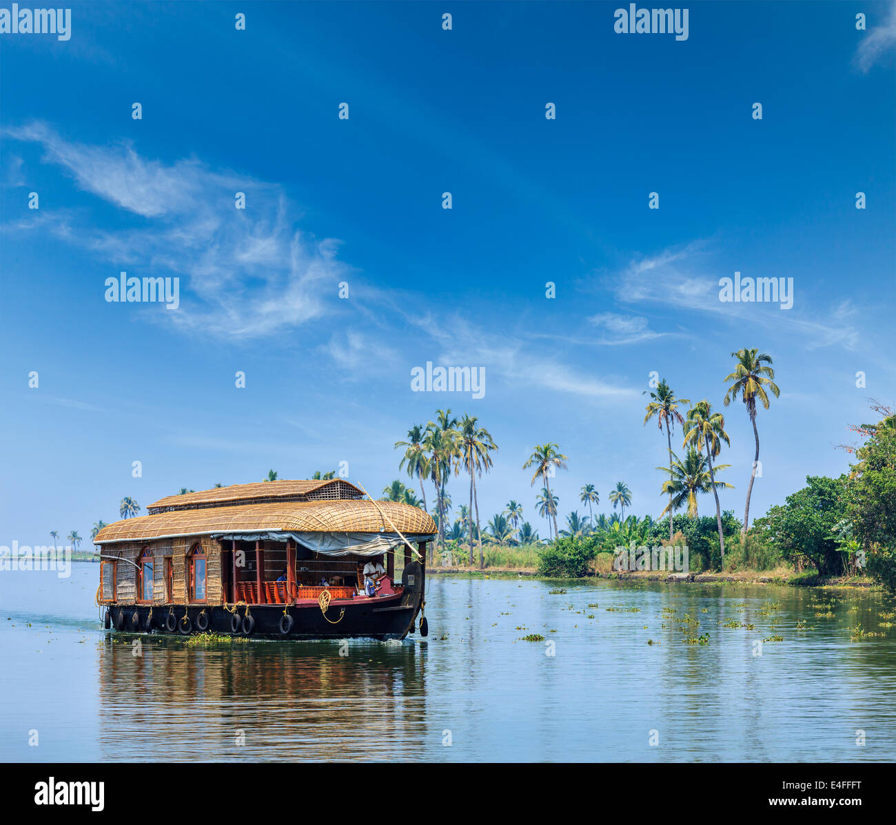 Travel tourism Kerala background - houseboat on Kerala backwaters. Kerala, India Stock Photo