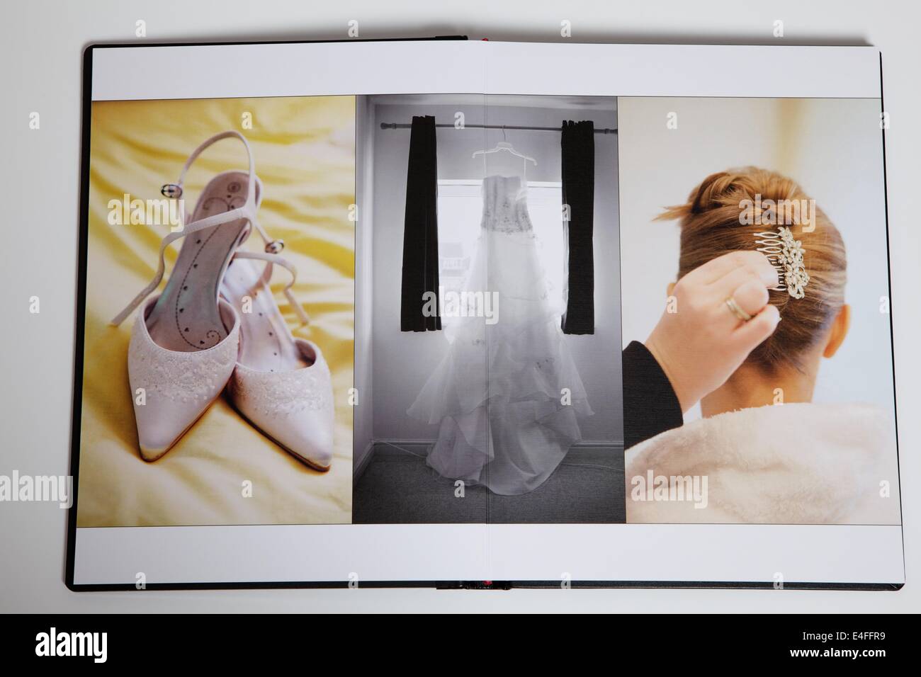 Three Page Layout For A Modern Coffee Table Book Style Wedding Photo Album Showing Wedding Shoes