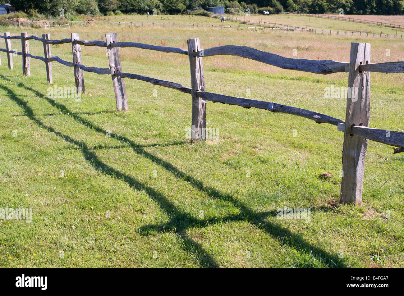 Chestnut timber post and rail fence around field in east Sussex England UK Stock Photo