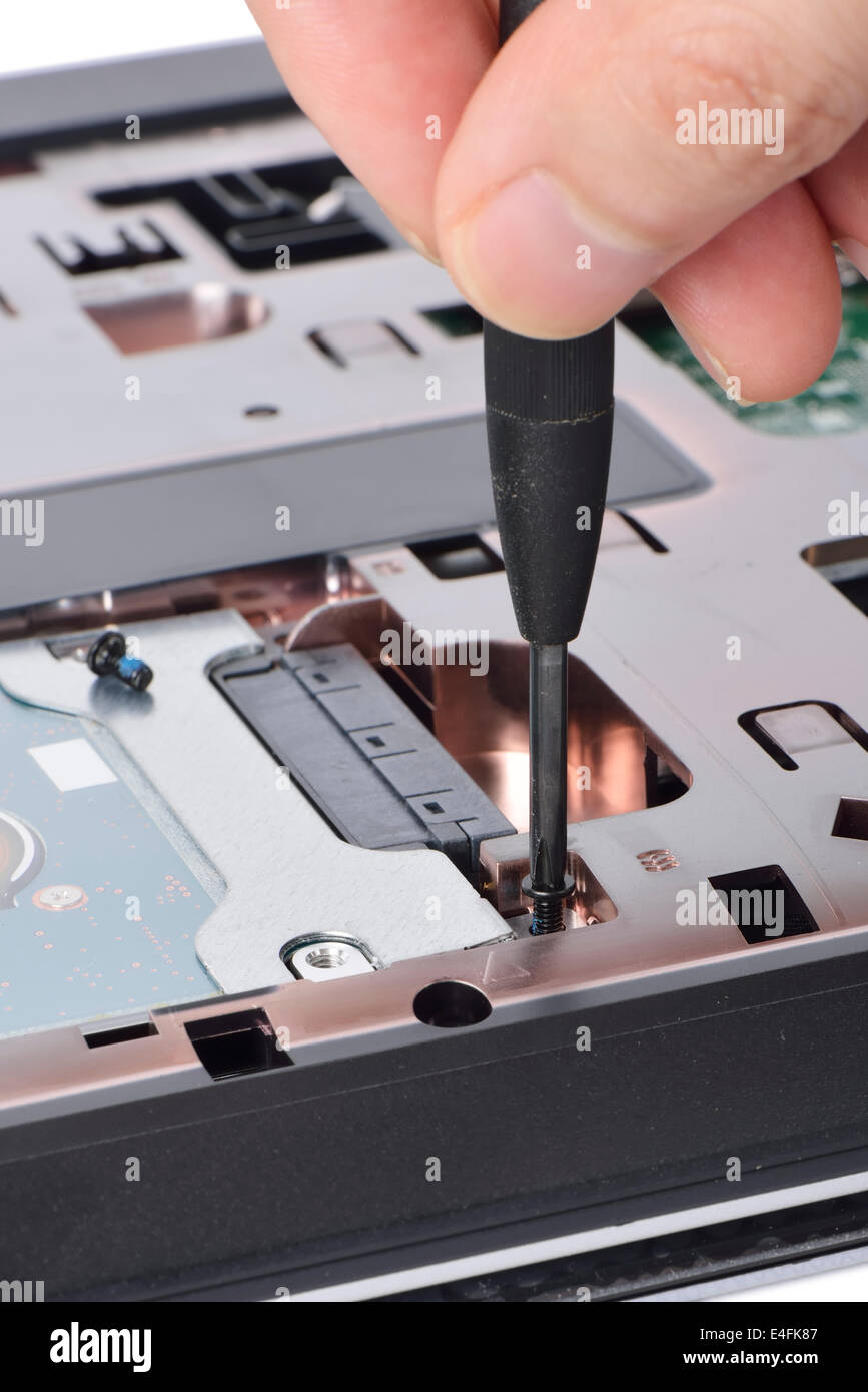 replacing a laptop hard disk drive on a white background Stock Photo
