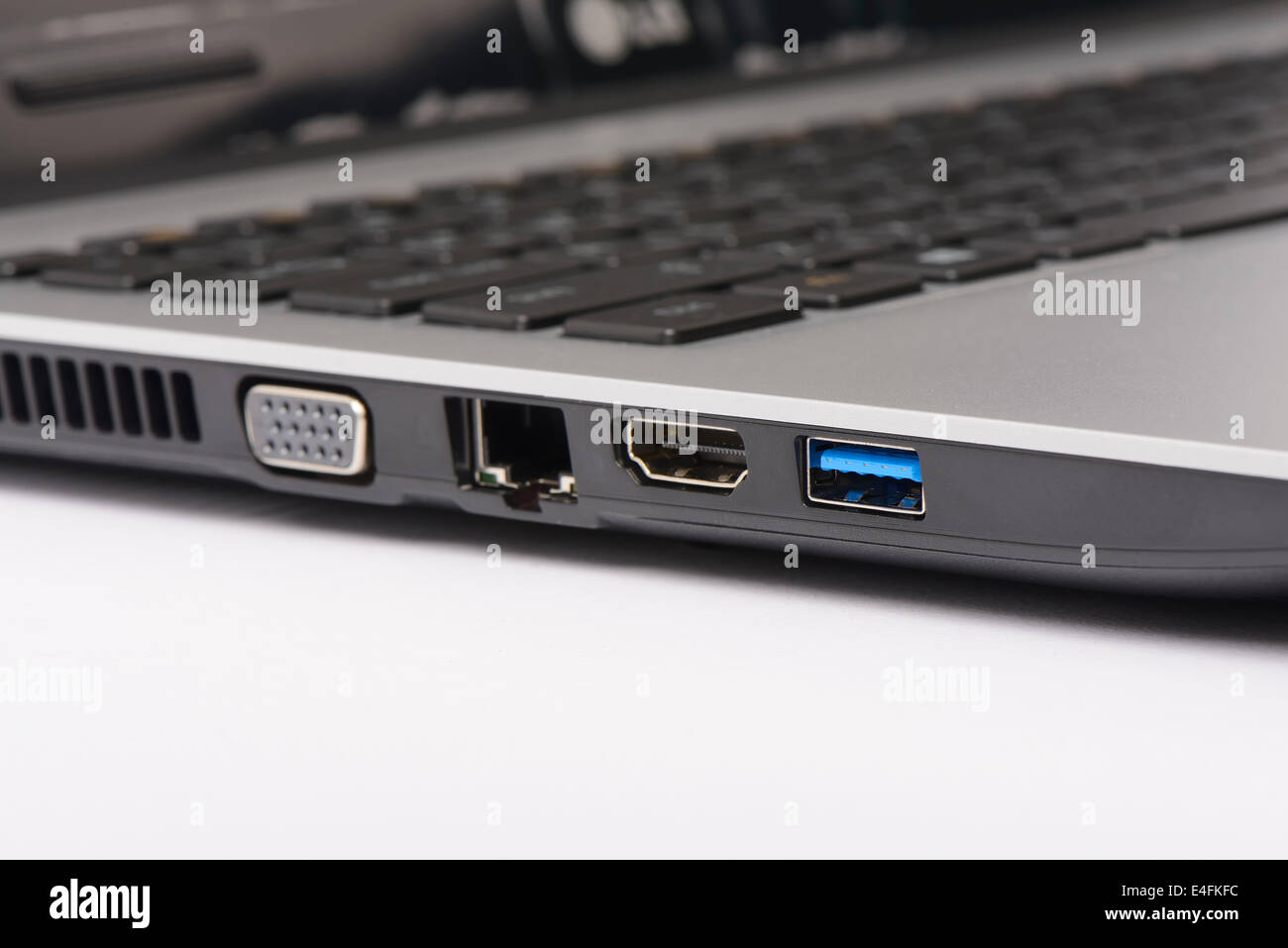 USB 3.0, LAN and graphic ports of laptop computer Stock Photo