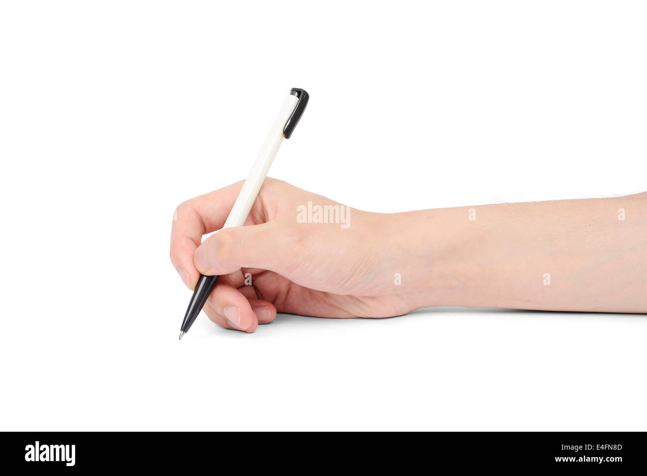 ballpoint pen on asian man's hand, isolated on white Stock Photo