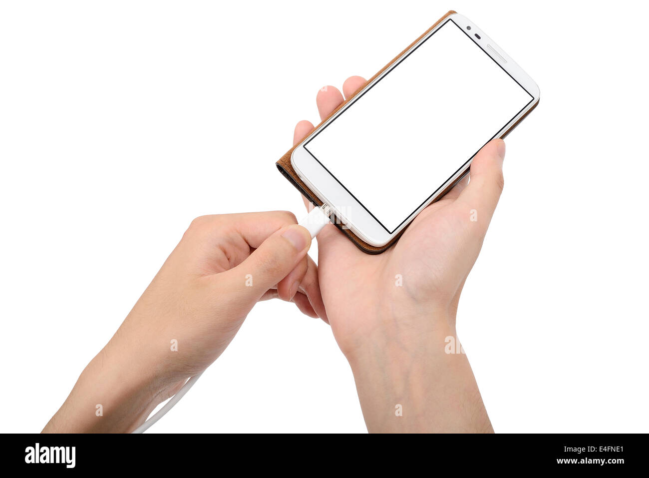 smart phone in case and charging cable on a hand Stock Photo