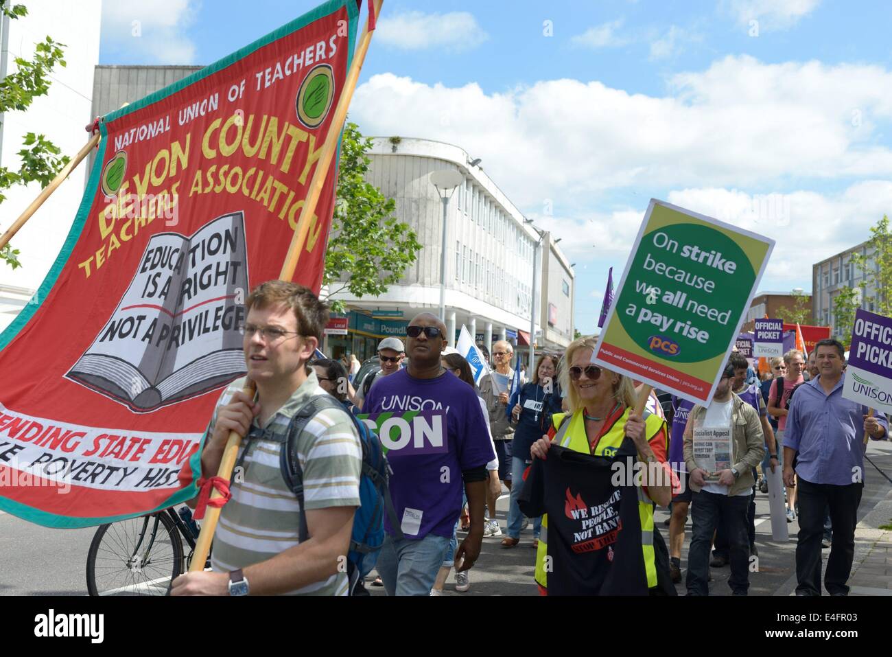 Exeter, Devon, UK. 10th July 2014. Public sector unions march and rally in Exeter as part of a national strike for better pay, Stock Photo