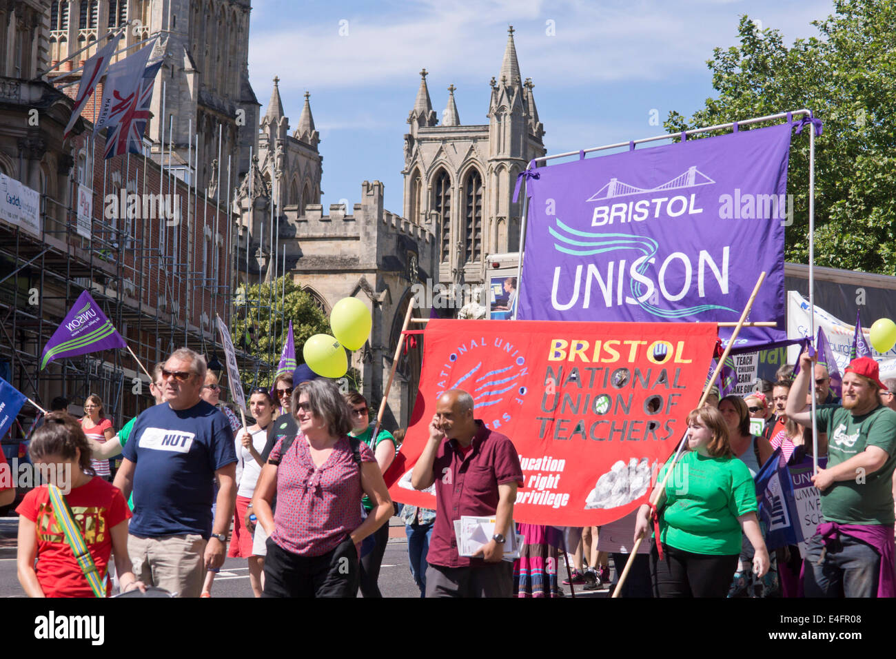Bristol, UK. 10th July, 2014. Public sector workers have gone on strike today to protest at the British Governments freeze on pay. Members of the NUT, Unison, GMB, the Fire Brigade Union and some others met up on College Green before marching through the City. Credit:  Mr Standfast/Alamy Live News Stock Photo