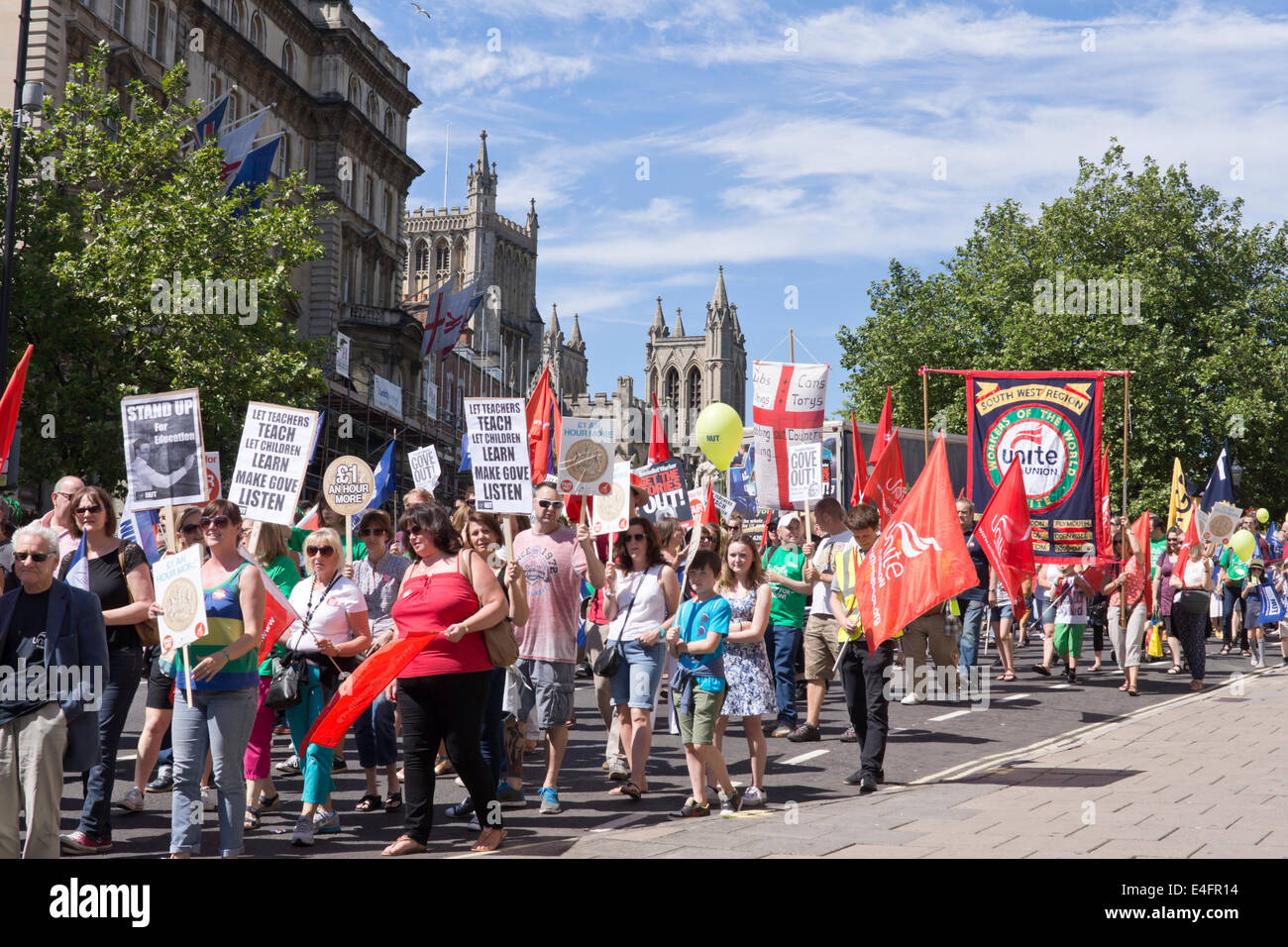 Bristol, UK. 10th July, 2014. Public sector workers have gone on strike today to protest at the British Governments freeze on pay. Members of the NUT, Unison, GMB, the Fire Brigade Union and some others met up on College Green before marching through the City. Credit:  Mr Standfast/Alamy Live News Stock Photo