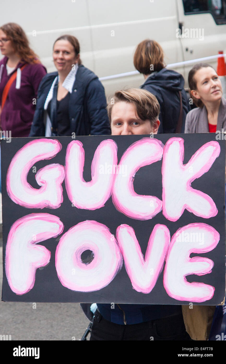London, UK. 10th July, 2014. A protester's direct message for Education Secretary Michael Gove as thousands of striking teachers, government workers and firefighters march through London in protest against cuts and working conditions. Credit:  Paul Davey/Alamy Live News Stock Photo