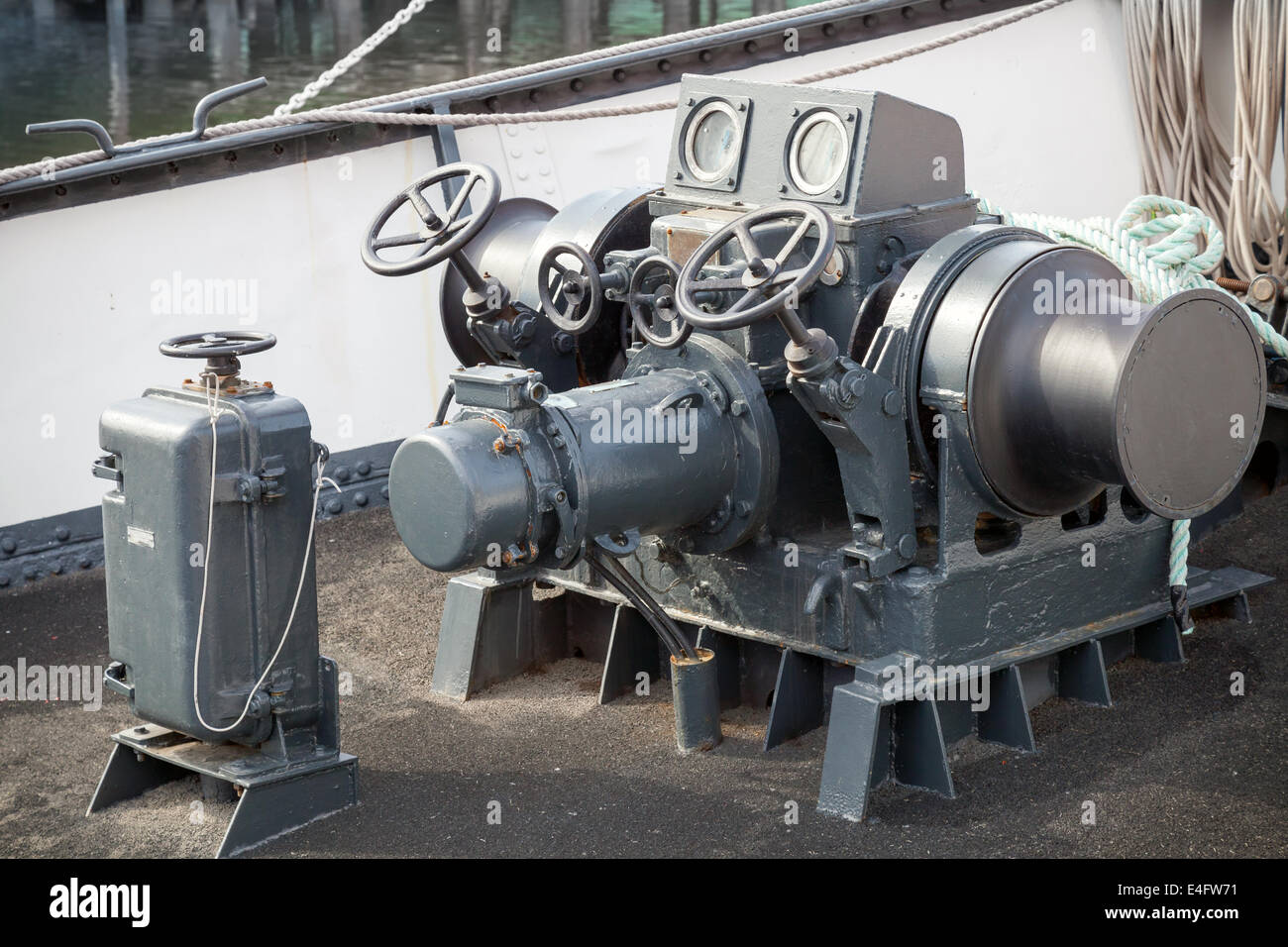 Closeup photo of bow anchor winch on ship deck Stock Photo Alamy