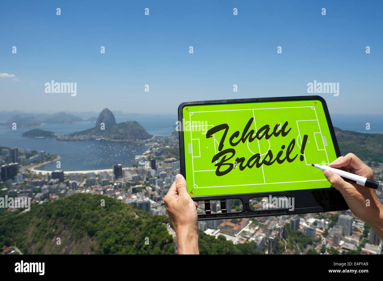 Brazil goodbye tchau message written on football tactics board at Rio de Janeiro skyline overlook Stock Photo