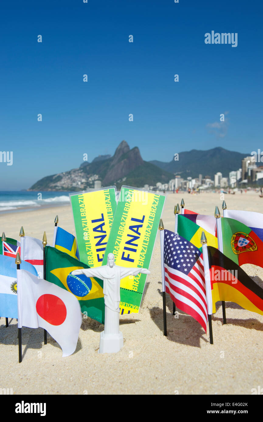 Brazil final tickets with international world flags on the beach in Rio de Janeiro Stock Photo