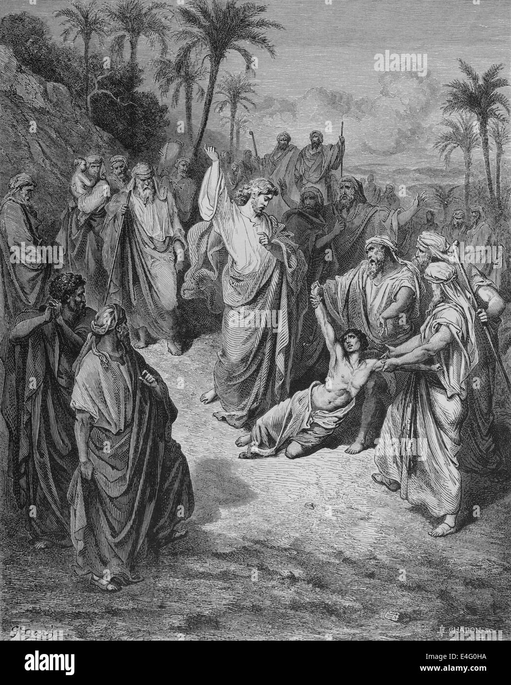 New Testament. Jesus healing the lunatic. Drawing by Gustave Dore (1832-1883) and engraving by Leon Louis Chapon (1836-1918). Stock Photo