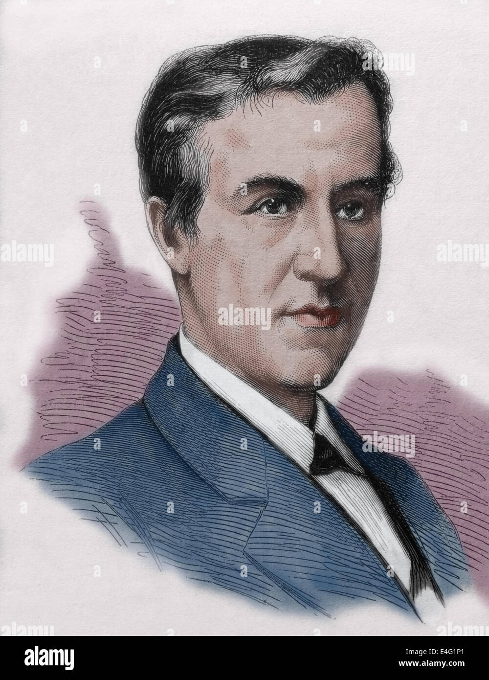 Thomas Alva Edison (1847 Ð 1931). American inventor and businessman. Engraving by Tourfaut, 1980, published in Spain. Color. Stock Photo