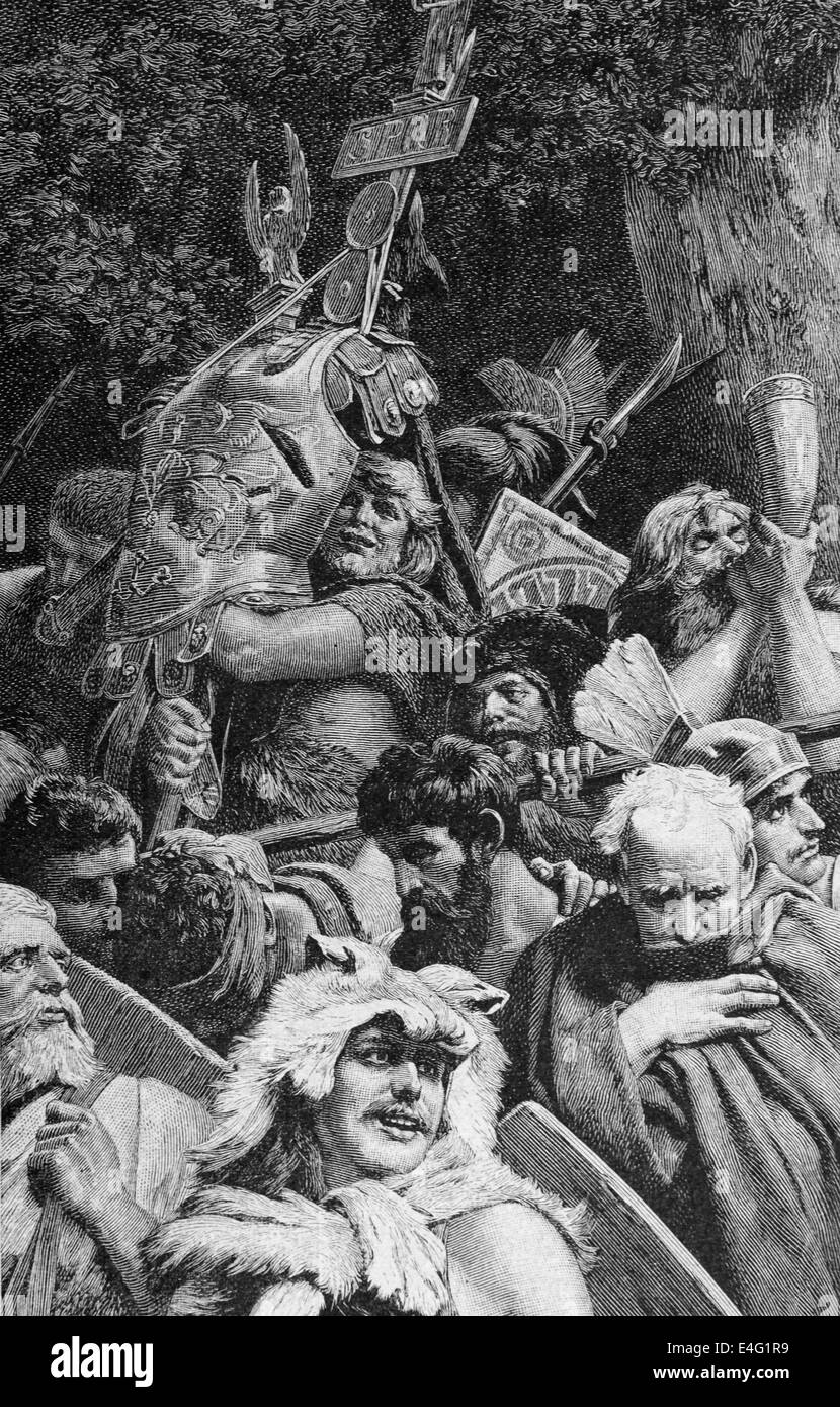 Gallic Wars. Arveni tribe with roman military ensigns or standards. Engraving by Kaeseberg. Detail. Stock Photo