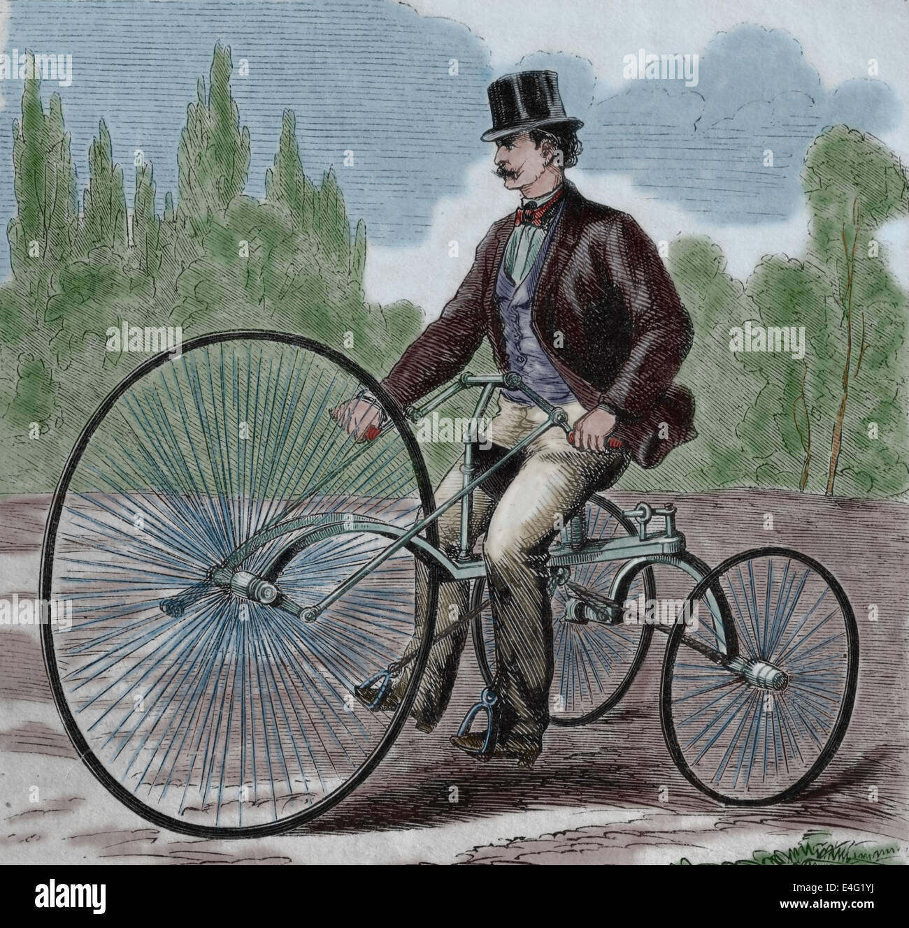 Old tricycle. Engraving, 19th century. Later colouration Stock Photo - Alamy
