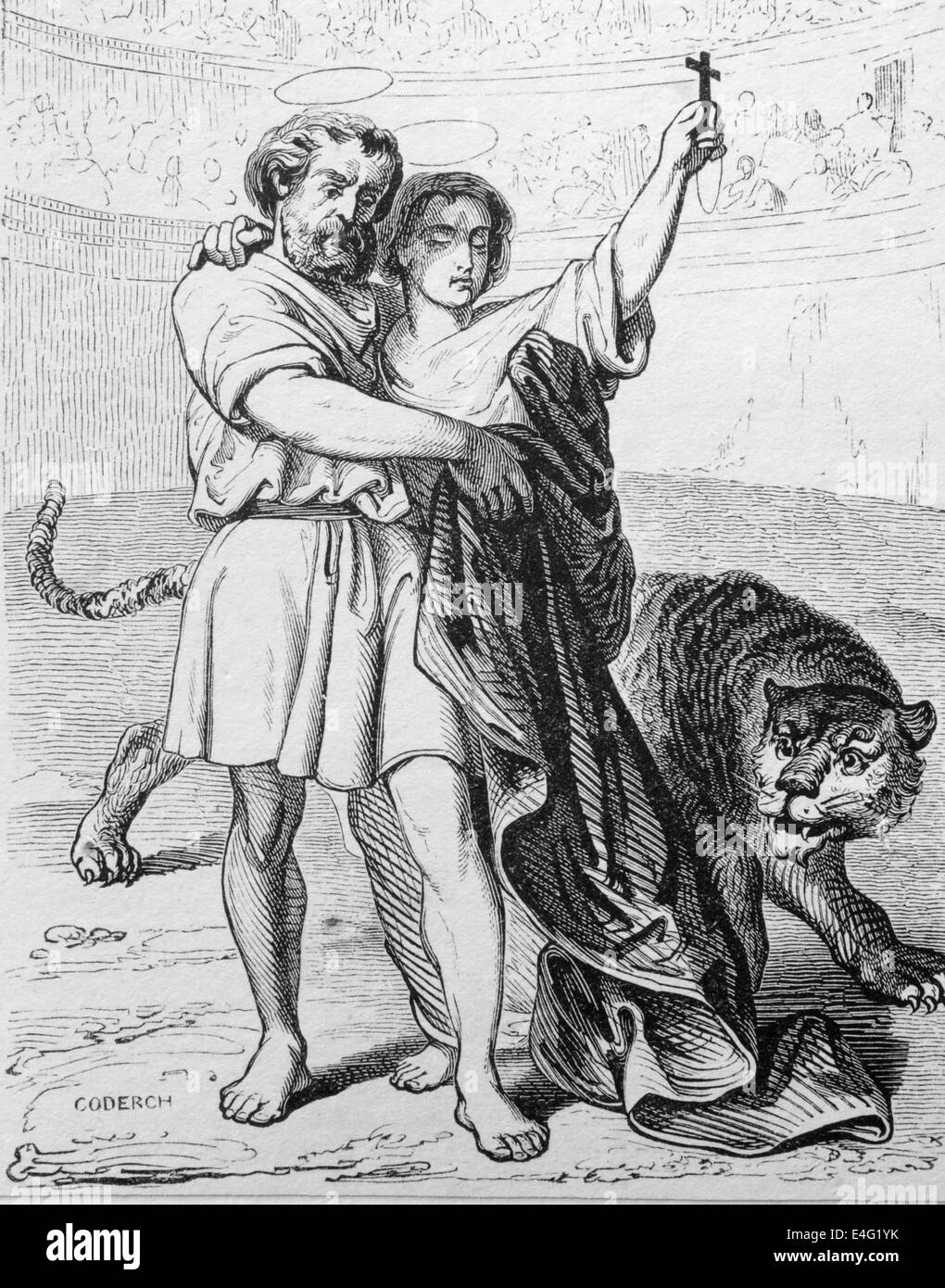 Martyrdom of Saints Vitus and Modestus. Christian saint. Died during the persecution of Diocletian, 303 AD. Engraving by Coderch Stock Photo