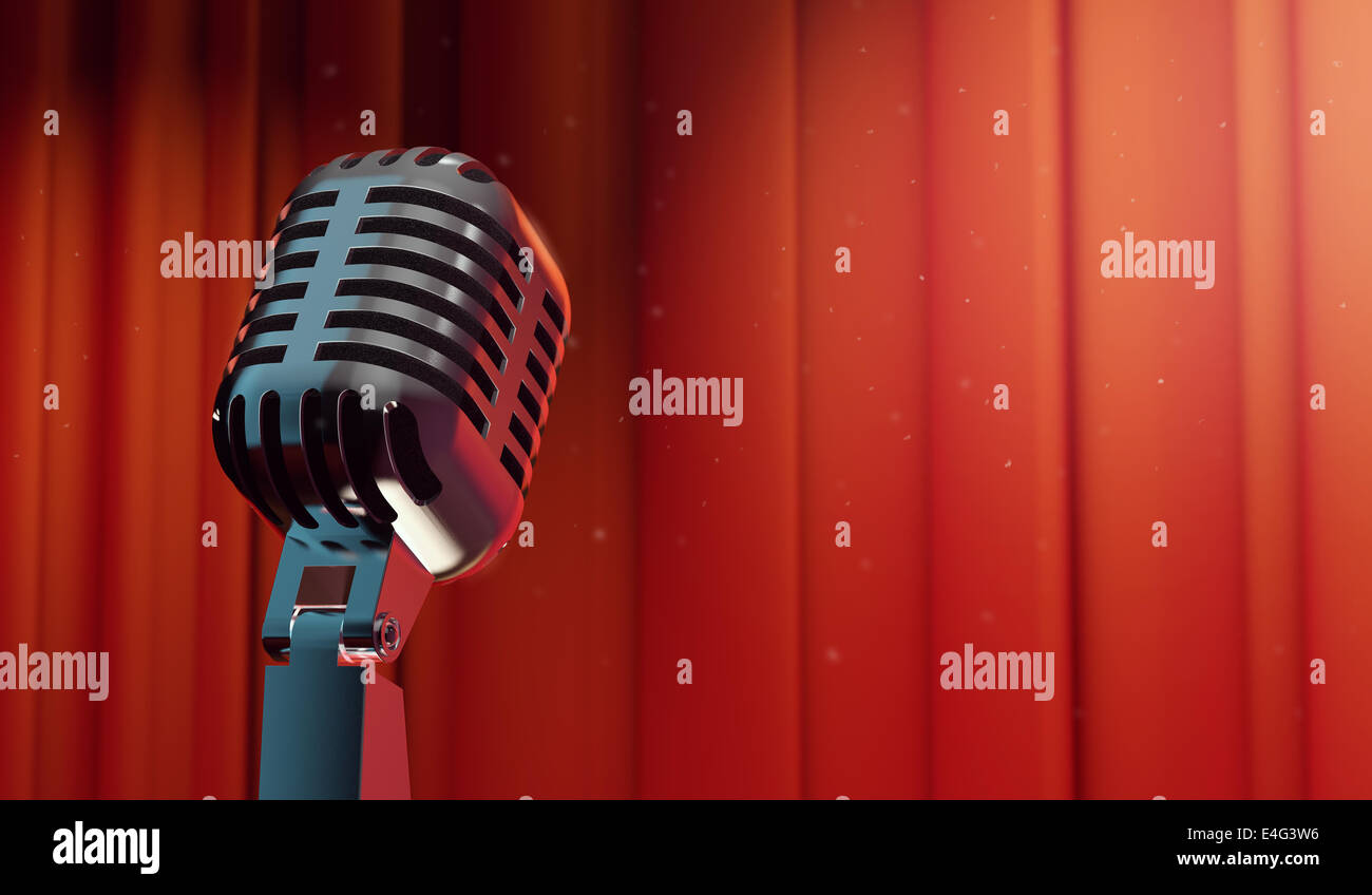 3d retro microphone on red curtain background, copy-space for your text ...