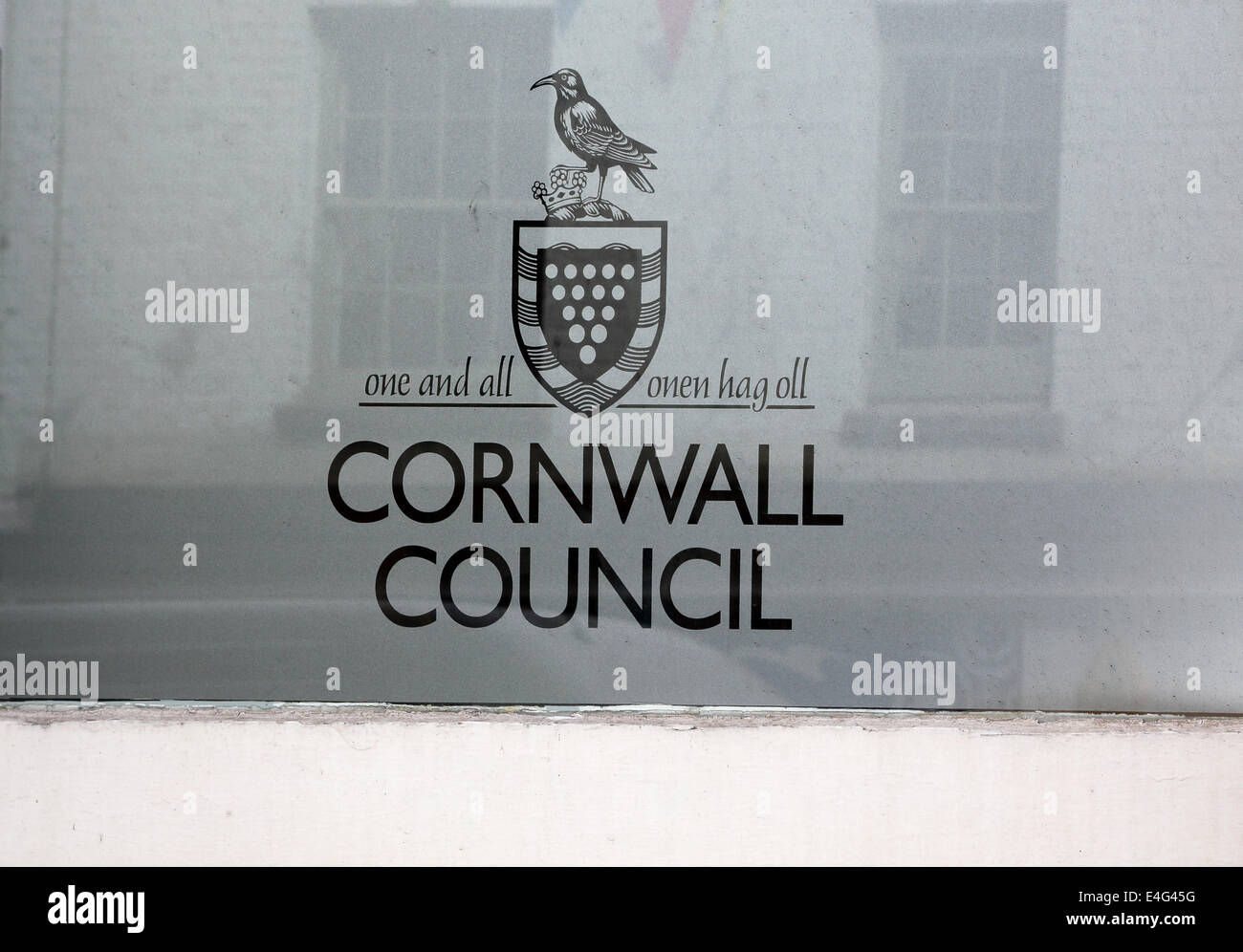 cornwall county council sign etched on a window in falmouth Stock Photo
