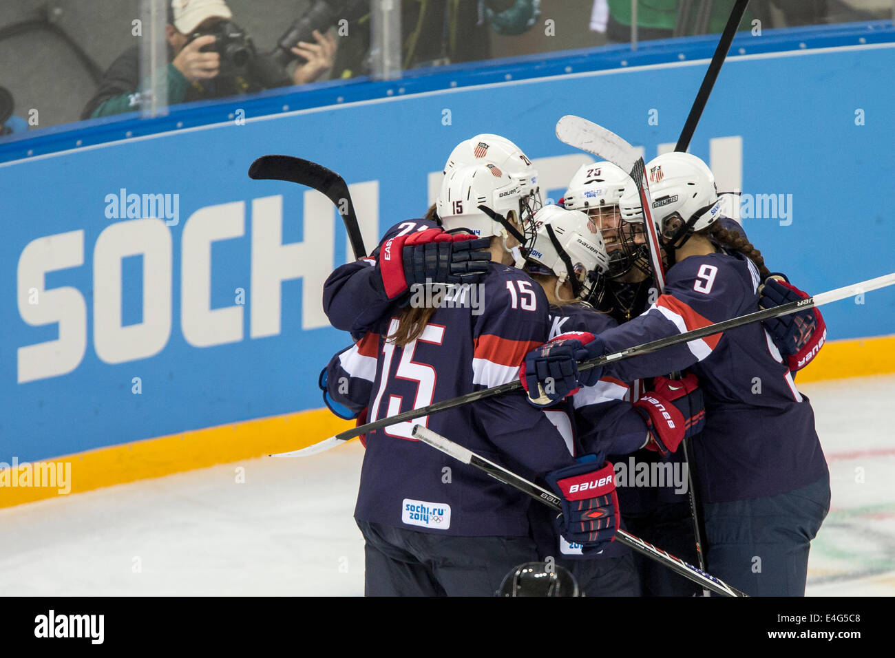 Team USA celebrates after scoring during ice hockey game vs FIN at the Olympic Winter Games