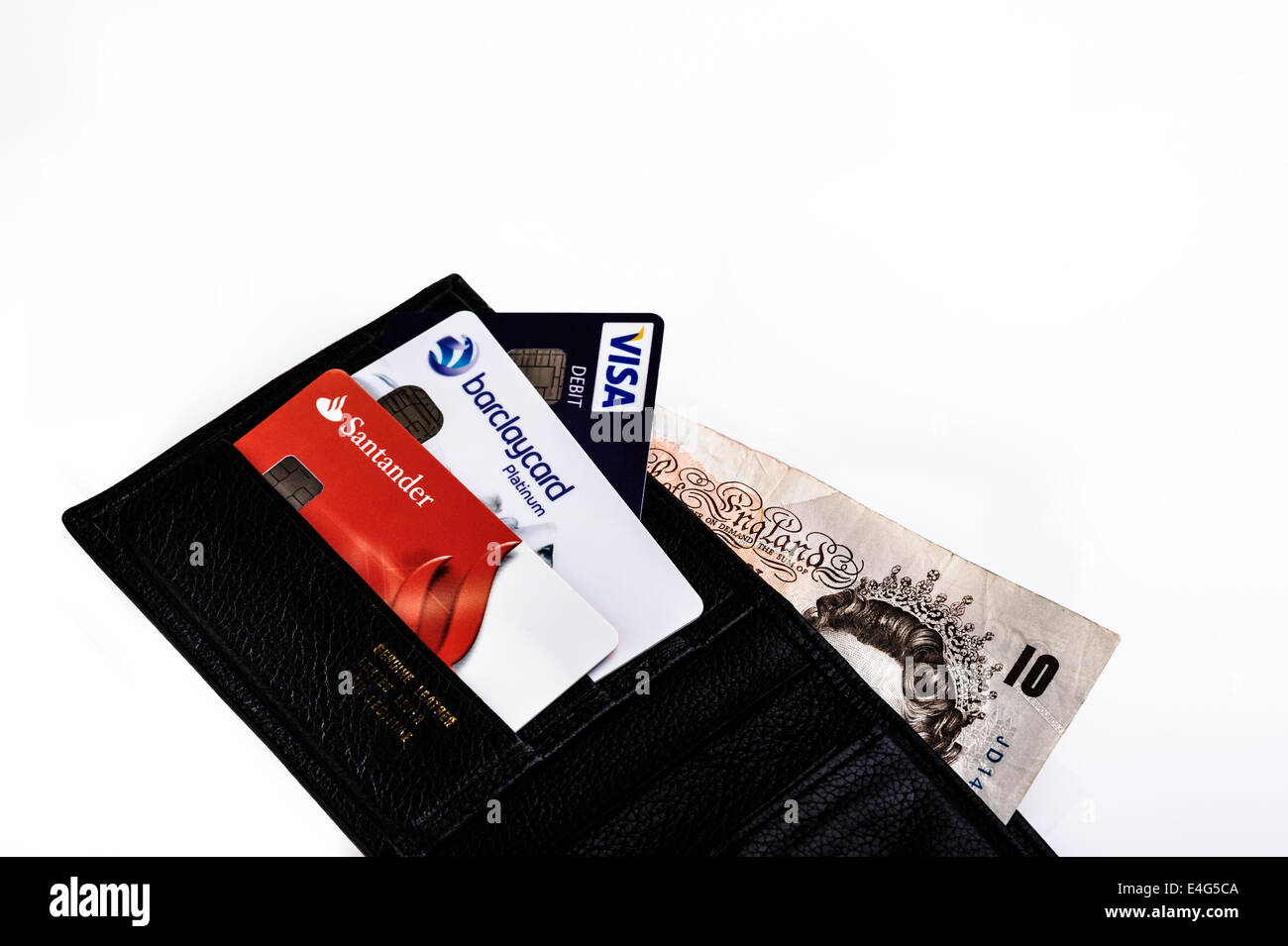 Wallet with credit and debit cards and sterling bank notes. Stock Photo