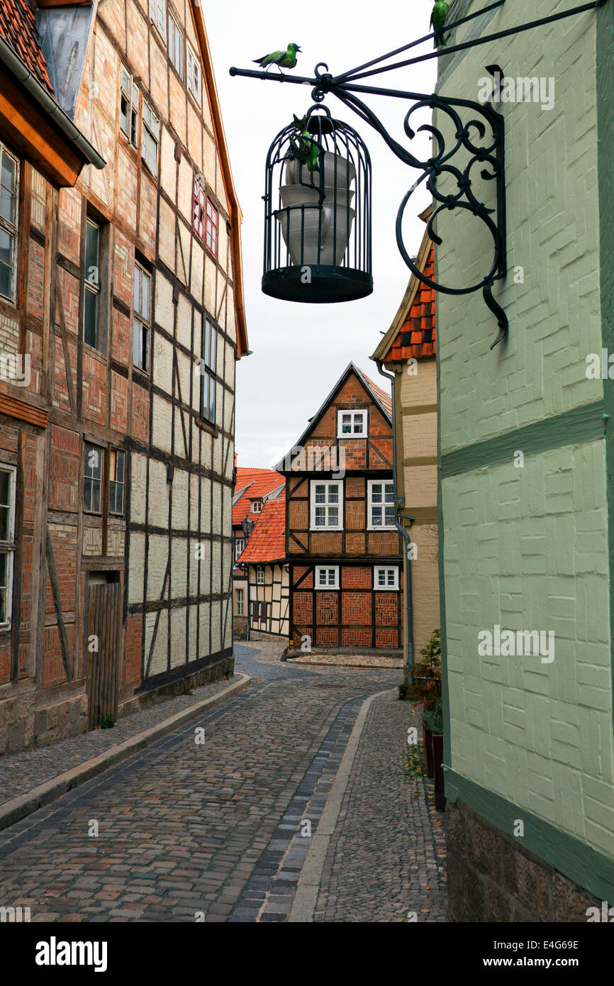 Medieval half-timbered houses at Finkenherd in the town Quedlinburg, Saxony-Anhalt, Germany Stock Photo