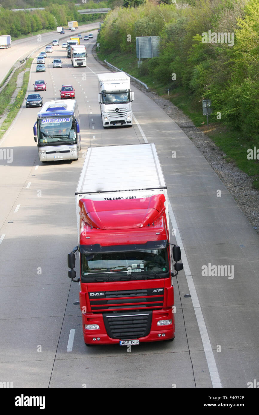 Traffic traveling along the M20 motorway in Kent, England. Stock Photo