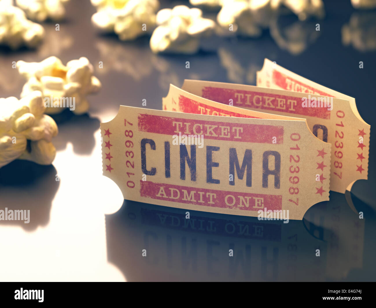 Entry ticket to the cinema with popcorn around. Clipping path included. Stock Photo