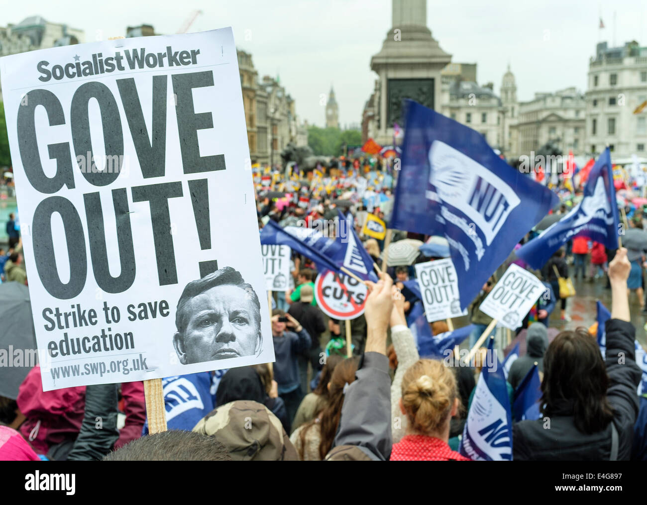 London, UK. 10th July, 2014. Public sector workers strike action. Pictured: Members of the National Union of Teachers join other public sector workers at a rally in Trafalgar Square. Stock Photo